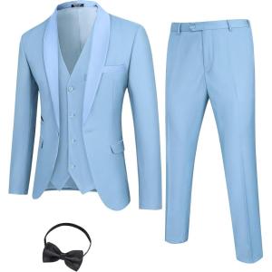 imageCOOFANDY Mens 3 Pieces Suit Slim Fit Tuxedo Set One Button Shawl Lapel Dinner Prom Jacket Vest Pants with TieSky Blue
