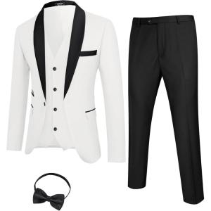 imageCOOFANDY Mens 3 Pieces Suit Slim Fit Tuxedo Set One Button Shawl Lapel Dinner Prom Jacket Vest Pants with TieWhiteBlack