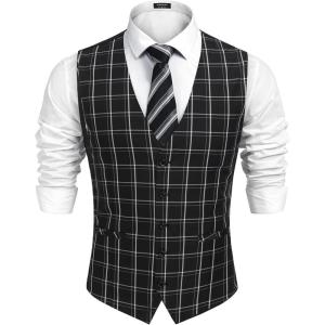 imageCOOFANDY Mens Business Suit Vest Casual Dress Vest Slim Fit Formal WaistcoatBlack Plaid