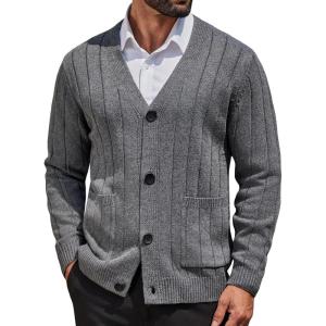 imageCOOFANDY Mens Cardigan Sweater Cable Knit V Neck Button up Sweaters Ribbed Cardigan Sweater with PocketsGrey