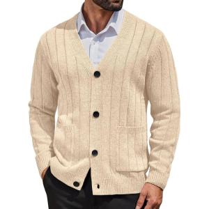 imageCOOFANDY Mens Cardigan Sweater Cable Knit V Neck Button up Sweaters Ribbed Cardigan Sweater with PocketsLight Khaki