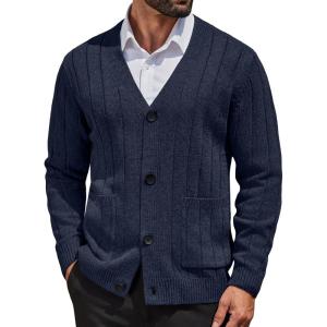 imageCOOFANDY Mens Cardigan Sweater Cable Knit V Neck Button up Sweaters Ribbed Cardigan Sweater with PocketsNavy Blue