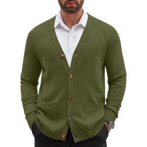 imageCOOFANDY Mens Cardigan Sweater Long Sleeve Casual V Neck Lightweight Button Down Knitted Sweater with Pockets Fall ClothesArmy Green