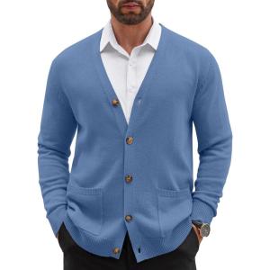 imageCOOFANDY Mens Cardigan Sweater Long Sleeve Casual V Neck Lightweight Button Down Knitted Sweater with Pockets Fall ClothesBlue