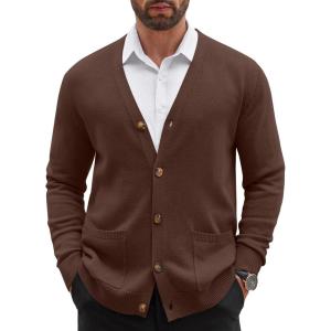 imageCOOFANDY Mens Cardigan Sweater Long Sleeve Casual V Neck Lightweight Button Down Knitted Sweater with Pockets Fall ClothesBrown