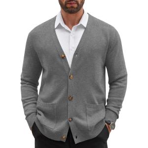 imageCOOFANDY Mens Cardigan Sweater Long Sleeve Casual V Neck Lightweight Button Down Knitted Sweater with Pockets Fall ClothesGrey