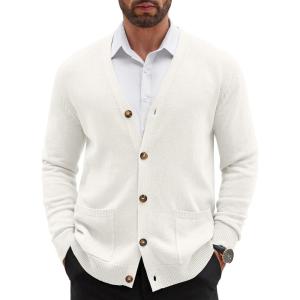 imageCOOFANDY Mens Cardigan Sweater Long Sleeve Casual V Neck Lightweight Button Down Knitted Sweater with Pockets Fall ClothesIvory