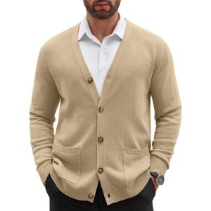 imageCOOFANDY Mens Cardigan Sweater Long Sleeve Casual V Neck Lightweight Button Down Knitted Sweater with Pockets Fall ClothesKhaki