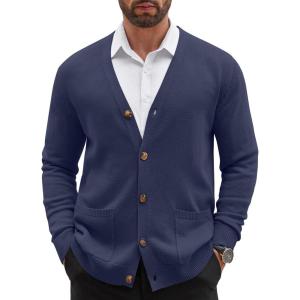 imageCOOFANDY Mens Cardigan Sweater Long Sleeve Casual V Neck Lightweight Button Down Knitted Sweater with Pockets Fall ClothesNavy Blue