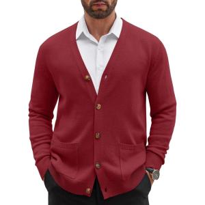 imageCOOFANDY Mens Cardigan Sweater Long Sleeve Casual V Neck Lightweight Button Down Knitted Sweater with Pockets Fall ClothesWine Red