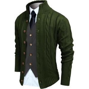 imageCOOFANDY Mens Cardigan Sweater Slim Fit Stand Collar Cardigan Casual Cable Knitted Button Down Sweater with PocketsArmy Green