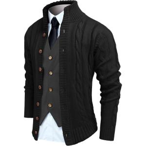 imageCOOFANDY Mens Cardigan Sweater Slim Fit Stand Collar Cardigan Casual Cable Knitted Button Down Sweater with PocketsBlack