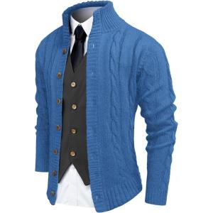 imageCOOFANDY Mens Cardigan Sweater Slim Fit Stand Collar Cardigan Casual Cable Knitted Button Down Sweater with PocketsBlue