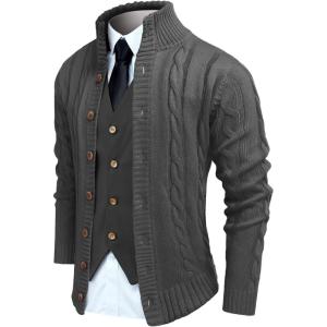 imageCOOFANDY Mens Cardigan Sweater Slim Fit Stand Collar Cardigan Casual Cable Knitted Button Down Sweater with PocketsDark Grey