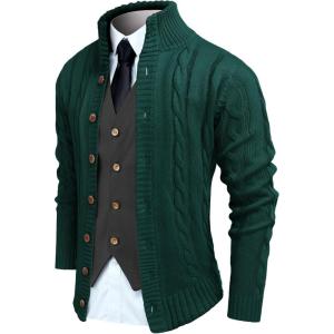 imageCOOFANDY Mens Cardigan Sweater Slim Fit Stand Collar Cardigan Casual Cable Knitted Button Down Sweater with PocketsGreen