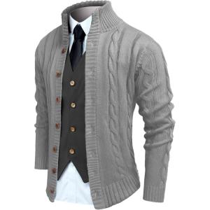 imageCOOFANDY Mens Cardigan Sweater Slim Fit Stand Collar Cardigan Casual Cable Knitted Button Down Sweater with PocketsGrey