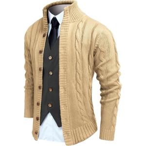 imageCOOFANDY Mens Cardigan Sweater Slim Fit Stand Collar Cardigan Casual Cable Knitted Button Down Sweater with PocketsKhaki