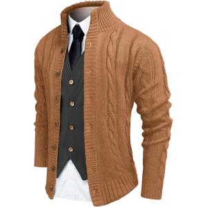 imageCOOFANDY Mens Cardigan Sweater Slim Fit Stand Collar Cardigan Casual Cable Knitted Button Down Sweater with PocketsLight Caramel