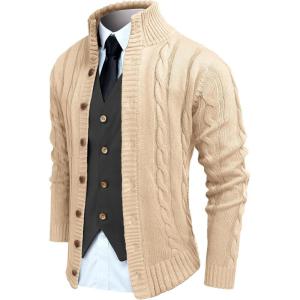 imageCOOFANDY Mens Cardigan Sweater Slim Fit Stand Collar Cardigan Casual Cable Knitted Button Down Sweater with PocketsLight Khaki