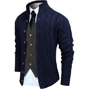 imageCOOFANDY Mens Cardigan Sweater Slim Fit Stand Collar Cardigan Casual Cable Knitted Button Down Sweater with PocketsNavy Blue