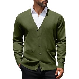 imageCOOFANDY Mens Cardigan Sweaters Long Sleeve V Neck Cardigans Lightweight Knitted Button Down Sweaters with PocketsArmy Green
