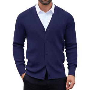 imageCOOFANDY Mens Cardigan Sweaters with Button Lightweight Casual V Neck Long Sleeve Pockets Knitted SweaterNavy Blue