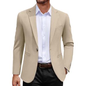 imageCOOFANDY Mens Casual Blazer Jacket One Button Suit Jackets Lightweight Knit Sport CoatBeige
