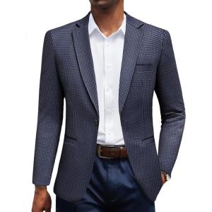 imageCOOFANDY Mens Casual Blazer Jacket One Button Suit Jackets Lightweight Knit Sport CoatGridblue