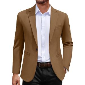 imageCOOFANDY Mens Casual Blazer Jacket One Button Suit Jackets Lightweight Knit Sport CoatKhaki