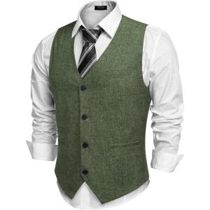 imageCOOFANDY Mens Casual Business Vests Lightweight Waistcoat Slim Fit Suit VestArmy Green