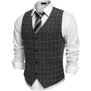 imageCOOFANDY Mens Casual Business Vests Lightweight Waistcoat Slim Fit Suit VestBlack Plaid