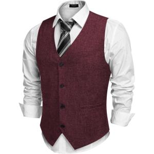 imageCOOFANDY Mens Casual Business Vests Lightweight Waistcoat Slim Fit Suit VestBurgundy