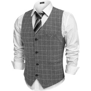imageCOOFANDY Mens Casual Business Vests Lightweight Waistcoat Slim Fit Suit VestGrey Plaid