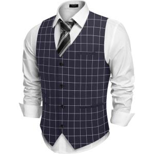 imageCOOFANDY Mens Casual Business Vests Lightweight Waistcoat Slim Fit Suit VestNavy Plaid