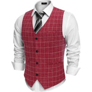 imageCOOFANDY Mens Casual Business Vests Lightweight Waistcoat Slim Fit Suit VestRed Plaid