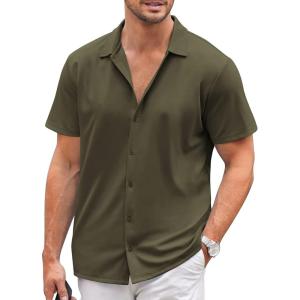 imageCOOFANDY Mens Casual Button Down Shirt Short Sleeve Wrinkle Free Shirts Summer ShirtArmy Green