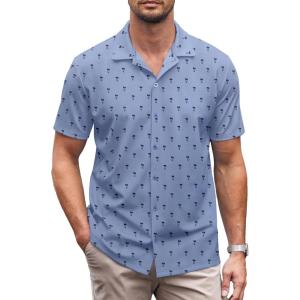 imageCOOFANDY Mens Casual Button Down Shirt Short Sleeve Wrinkle Free Shirts Summer ShirtBlue Palm Tree