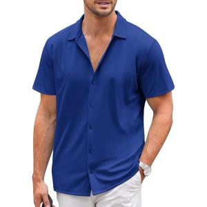 imageCOOFANDY Mens Casual Button Down Shirt Short Sleeve Wrinkle Free Shirts Summer ShirtClassic Blue