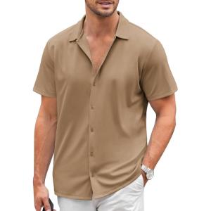 imageCOOFANDY Mens Casual Button Down Shirt Short Sleeve Wrinkle Free Shirts Summer ShirtKhaki