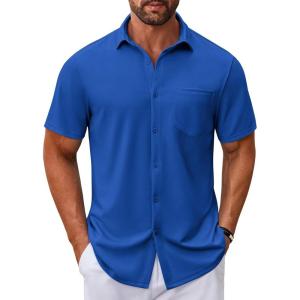 imageCOOFANDY Mens Casual Button Down Shirt Untucked Short Sleeve Strech Wrinkle Free Dress ShirtsBlue