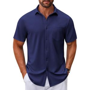imageCOOFANDY Mens Casual Button Down Shirt Untucked Short Sleeve Strech Wrinkle Free Dress ShirtsDeep Blue