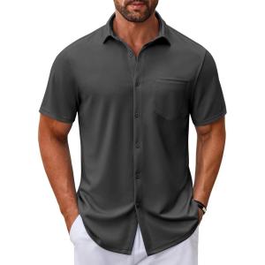 imageCOOFANDY Mens Casual Button Down Shirt Untucked Short Sleeve Strech Wrinkle Free Dress ShirtsDeep Grey