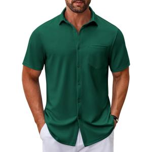 imageCOOFANDY Mens Casual Button Down Shirt Untucked Short Sleeve Strech Wrinkle Free Dress ShirtsEvergreen