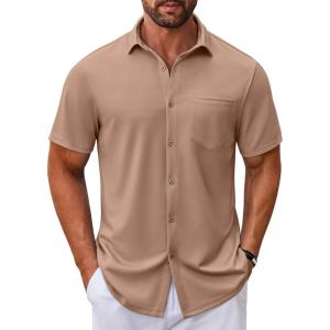 imageCOOFANDY Mens Casual Button Down Shirt Untucked Short Sleeve Strech Wrinkle Free Dress ShirtsKhaki