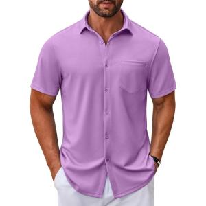 imageCOOFANDY Mens Casual Button Down Shirt Untucked Short Sleeve Strech Wrinkle Free Dress ShirtsLavender