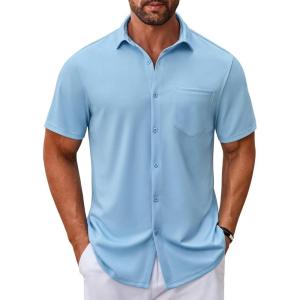imageCOOFANDY Mens Casual Button Down Shirt Untucked Short Sleeve Strech Wrinkle Free Dress ShirtsLight Blue