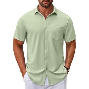 imageCOOFANDY Mens Casual Button Down Shirt Untucked Short Sleeve Strech Wrinkle Free Dress ShirtsLight Green