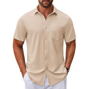 imageCOOFANDY Mens Casual Button Down Shirt Untucked Short Sleeve Strech Wrinkle Free Dress ShirtsLight Khaki