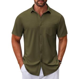 imageCOOFANDY Mens Casual Button Down Shirt Untucked Short Sleeve Strech Wrinkle Free Dress ShirtsOlive Green
