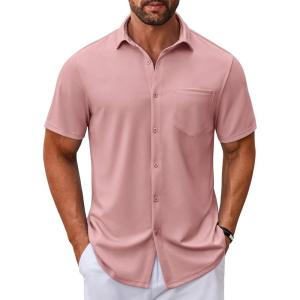 imageCOOFANDY Mens Casual Button Down Shirt Untucked Short Sleeve Strech Wrinkle Free Dress ShirtsPink